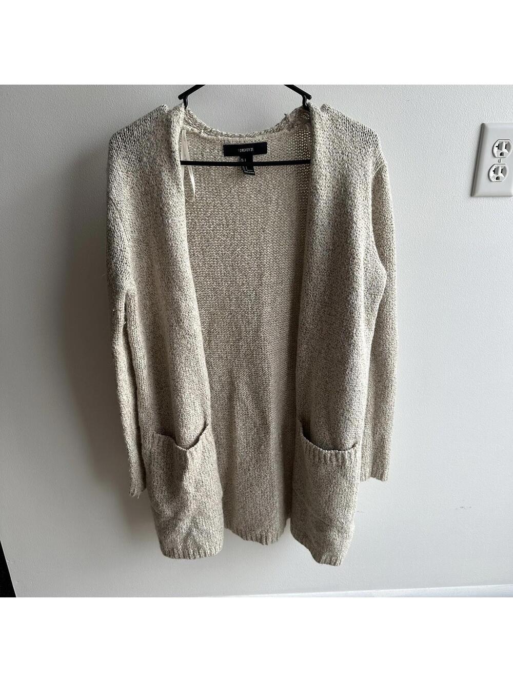 Forever 21 Women’s Beige Cardigan Sweater Knit Open Front Pockets Size Small